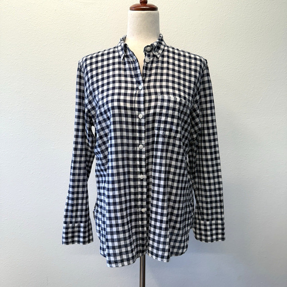 J. Crew Classic Button Up Shirt Womens Size 6 Navy Blue Gingham Cotton Preppy - Picture 1 of 8
